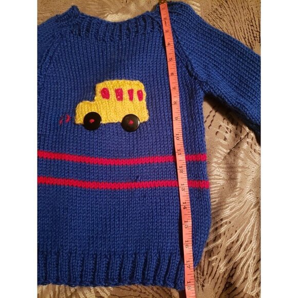 Baby Blue Handmade Knit Sweater w/Yellow School Bus & Black Button Wheels -2T-4T - Picture 7 of 10